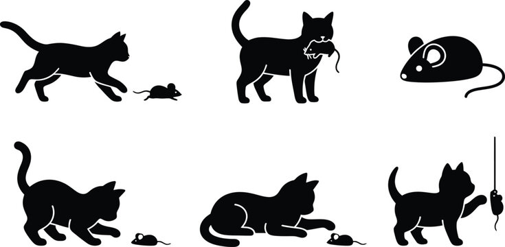 Collection of cat and mouse silhouettes playing and hunting