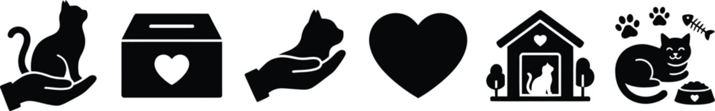 Set of cat icons for animal shelter, adoption, and pet care services