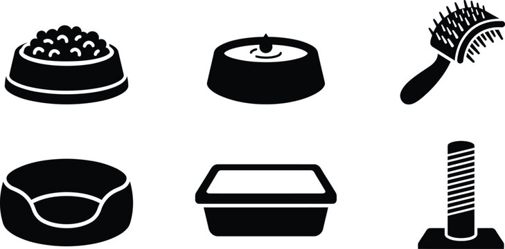 Set of pet care icons including food bowl, water bowl, grooming brush, pet bed, litter box, and scratching post