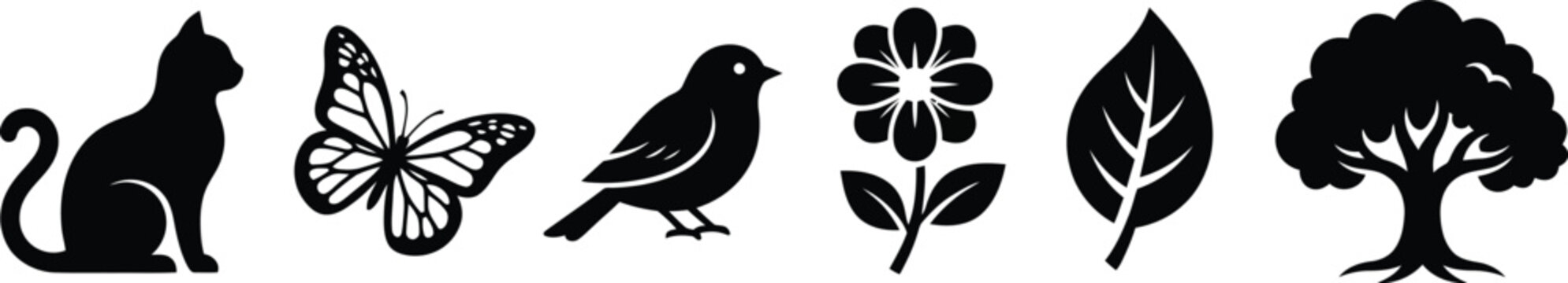 Set of nature and animal icons including cat butterfly bird flower leaf and tree silhouettes