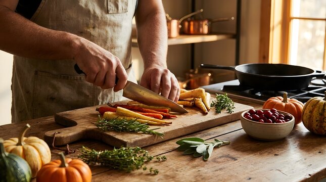 Man chopping roasted root vegetables with chef knife on cutting board while preparing Thanksgiving dinner in rustic kitchen