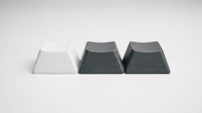 One white and two dark gray mechanical keyboard keycaps isolated on white background