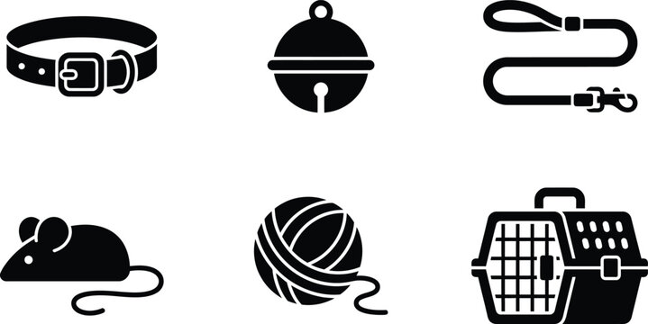 Set of pet accessories icons including collar, bell, leash, toy mouse, yarn ball, and pet carrier