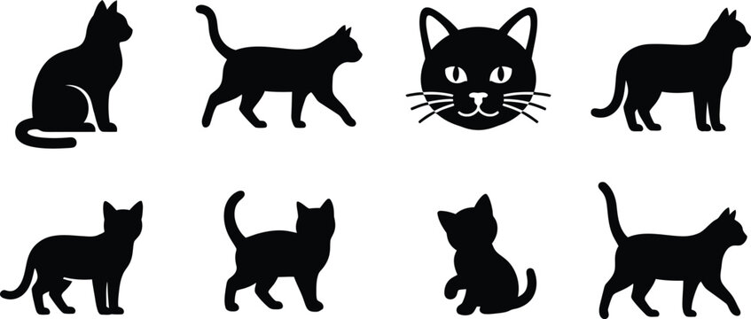 Set of black cat silhouettes in various poses and positions