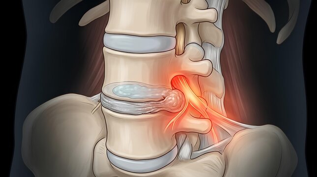 Herniated disc in human lumbar spine causing nerve pressure.