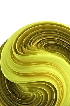 A swirling yellow ribbon like form presents a dynamic and fluid three dimensional rendering on a white background