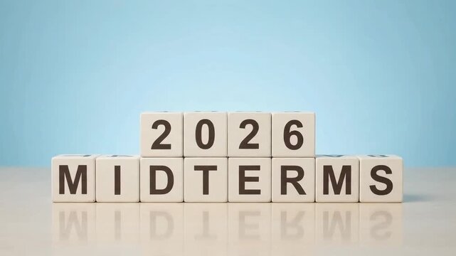 Wooden letter blocks spelling 2026 midterms on a blue background
