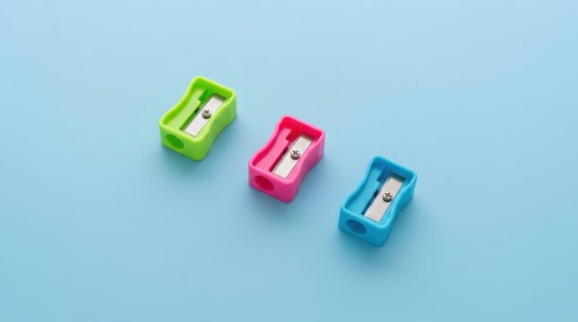 Three colorful pencil sharpeners in green, pink, and blue arranged in a diagonal row on a light blue background
