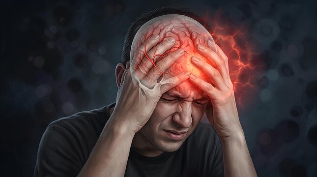 Close up of man with cluster headache and brain glow.