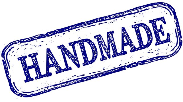 Blue handmade distressed stamp tilted on white background