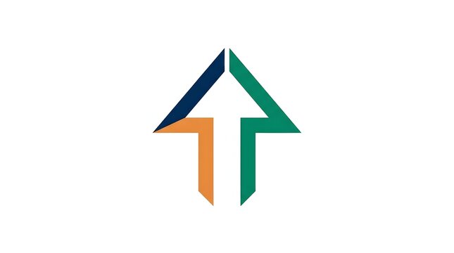Minimalist abstract geometric arrow icon pointing upwards in blue green and orange colors symbolizing corporate growth success and business direction