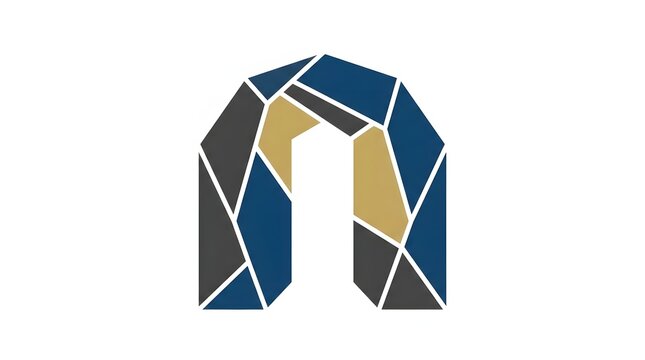 Abstract Geometric Arch Icon Featuring a Modern Mosaic Pattern in Navy Blue Gold and Charcoal Grey Professional Graphic Element