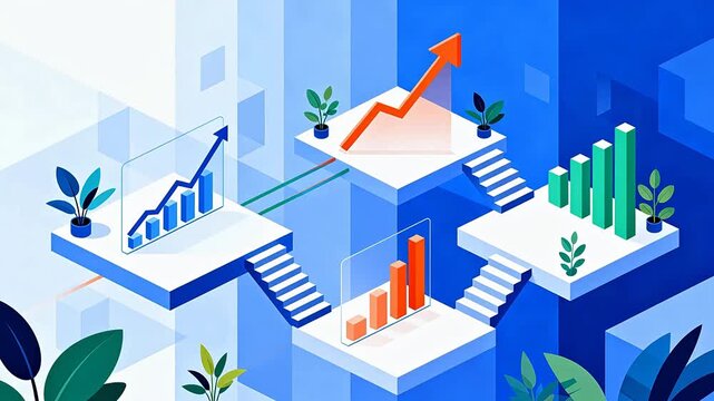 Abstract 3d business growth chart on floating platforms