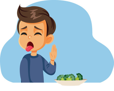 Picky Eater Boy Refusing To Eat Green Broccoli Vegetables. Vector illustration of a disgusted cartoon kid rejecting to eat a plate of green broccoli
