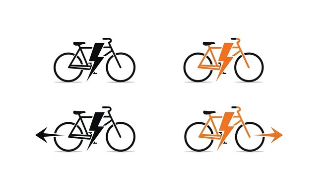 Electric bicycle and ebike icon set. Featuring lightning bolt symbols directional arrows and mobility concepts. Clean solid glyph vector icons for sustainable urban transportation projects