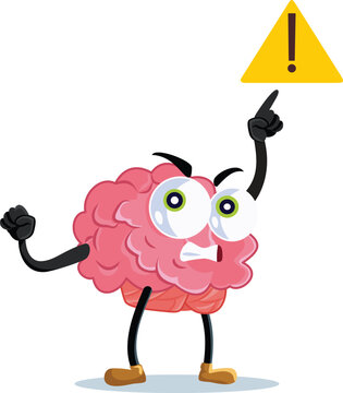 Funny Human Brain Character Pointing At Yellow Warning Alert Sign. Vector illustration of an alarmed cartoon brain character pointing up at a yellow triangle caution icon