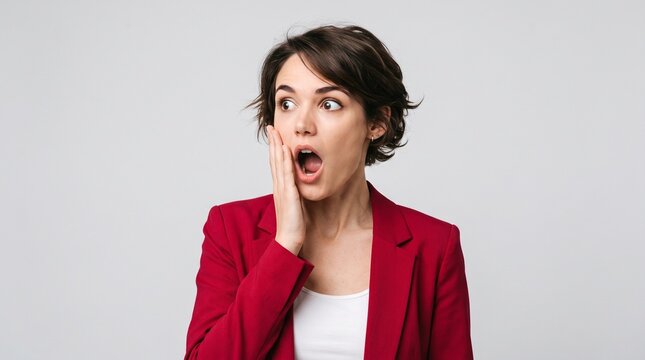 Shocked young woman in red blazer gasps in disbelief with hand covering her mouth