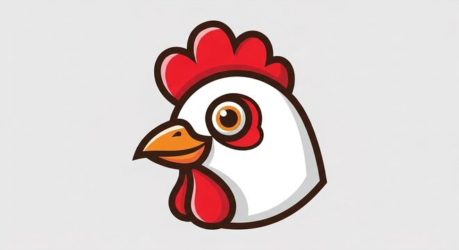 Chicken head mascot logo vector illustration featuring a white rooster with a red comb and beak. Cartoon farm animal avatar isolated on light gray background for branding and food packaging design