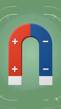 Vector illustration of a red and blue horseshoe magnet with plus and minus signs on a green background