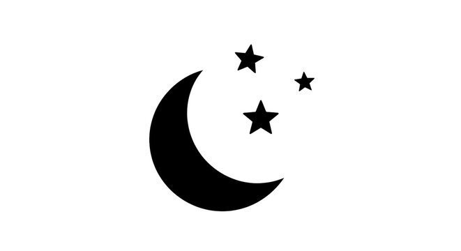 Crescent moon and twinkling stars solid icon vector illustration. Featuring a curved lunar crescent shape and three distinct celestial objects. Clean monochrome design element for night theme projects