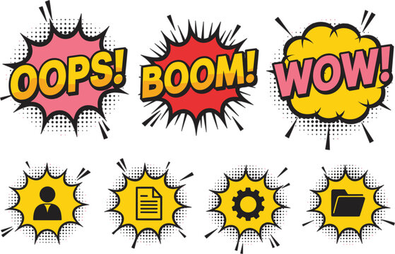Pop art comic book text sound effects vector collection featuring bright halftone starburst explosion speech bubbles with business icons isolated on white background