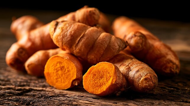 Fresh raw turmeric roots on a rustic wooden background.
