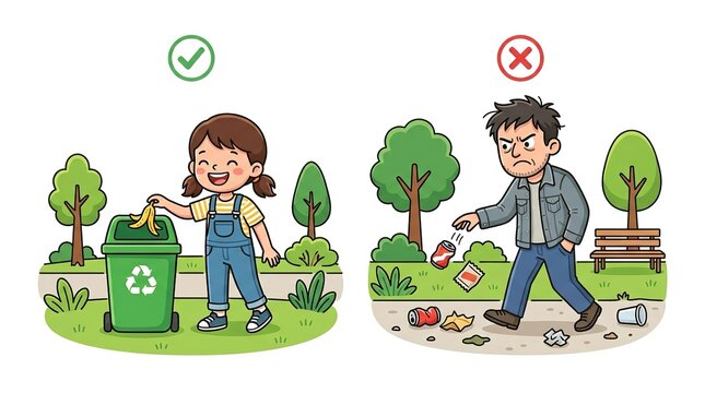 Recycling and littering comparison vector illustration. Smiling girl throwing banana peel into green recycling bin. Angry man dropping trash on park ground. Ecological education graphics