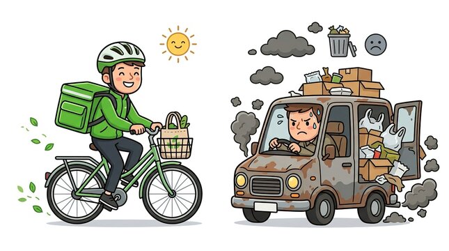 Green delivery versus polluting transport vector illustration. Courier riding eco-friendly bicycle with green backpack next to frustrated driver in dirty delivery van emitting black smoke