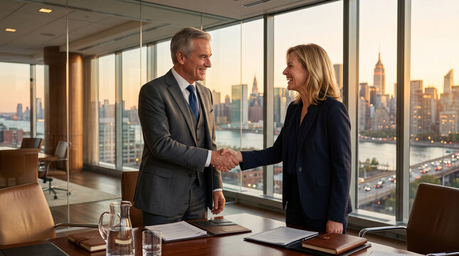 Successful mature male attorney shaking hands with a relieved female client in a luxury boardroom during golden hour, celebrating a legal victory.