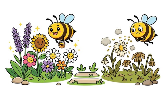 Cute bees and flowers comparing healthy ecosystem and polluted environment. Happy flying bee with honey bucket over vibrant garden and sad bee over withered plants. Flat cartoon vector illustration