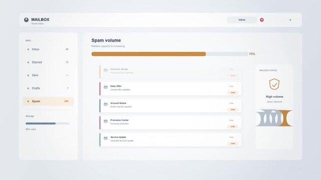 Digital email dashboard displaying storage analytics and spam volume