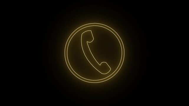 Animated neon gold colar full phone call icon showing an incoming call notification on dark background. Technology phone calling icon animation 4k motion video.