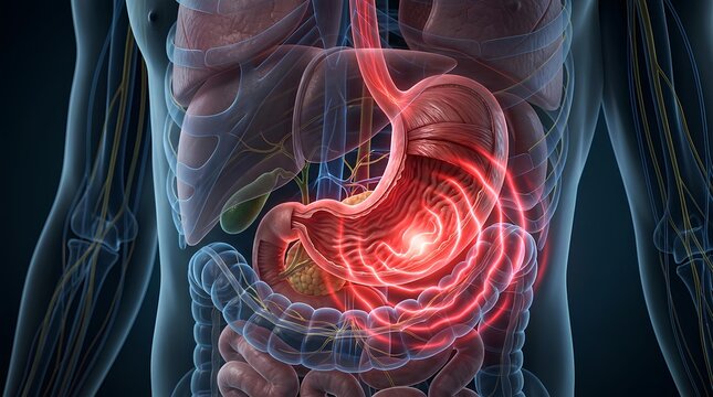 Detailed human digestive system with red glowing stomach pain.