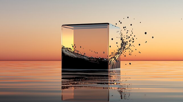 Transparent glass cube on water with splashing liquid during golden sunset.