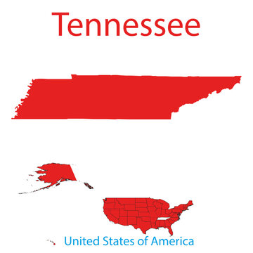 Tennessee map red highlighting exact shape of usa state over blue political boundaries.