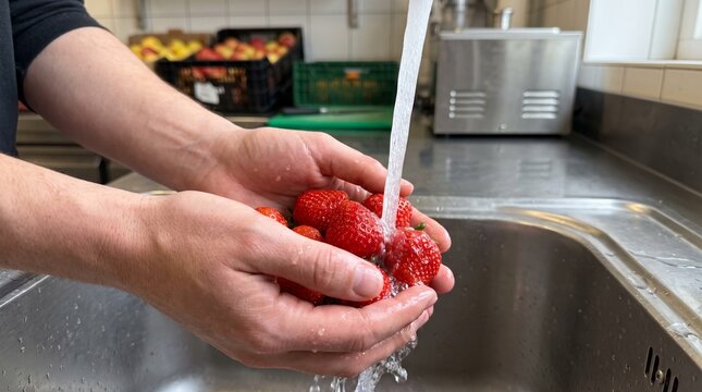 Hands wash fresh red strawberries under a clean stream of water in a kitchen sink.