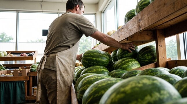 A store clerk arranges large green watermelons on wooden shelves at a local grocery store.