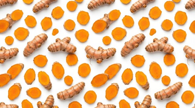 Fresh turmeric root pattern isolated on white background
