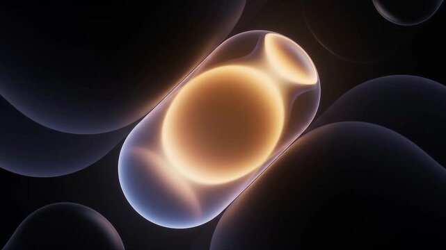 Abstract dynamic pill shape splitting into two organic spheres on dark fluid background of floating particles with soft glow.