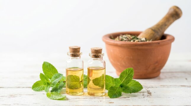 Two glass bottles of essential oil with fresh mint leaves and a mortar and pestle on a white wooden table, isolated on white background