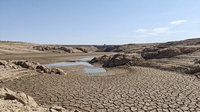 Cracked earth of a dried reservoir reveals extreme drought and water scarcity