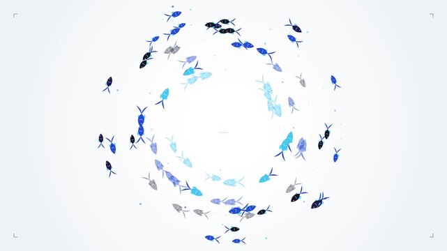 Abstract vector illustration of a school of blue fish swimming in a circular vortex pattern on a white background