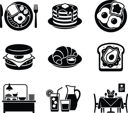 Set of black and white breakfast and dining icons representing meals and restaurant interior elements