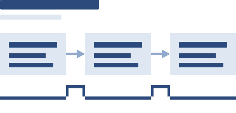 Three stage value stream map, navy flat vector graphic