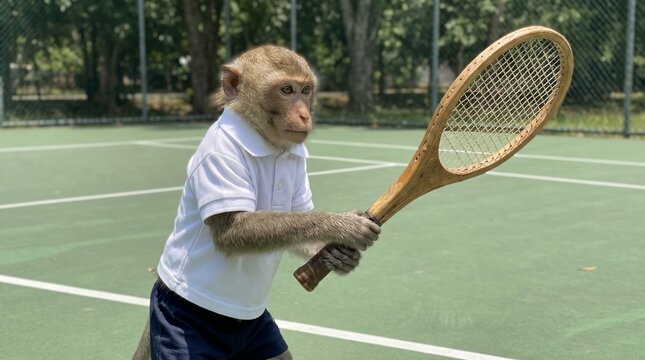 Small monkey wearing a white collared shirt holds a wooden tennis racket on a court