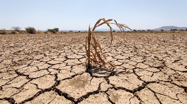 A single withered corn stalk stands in a vast landscape of cracked dry earth during a severe drought.