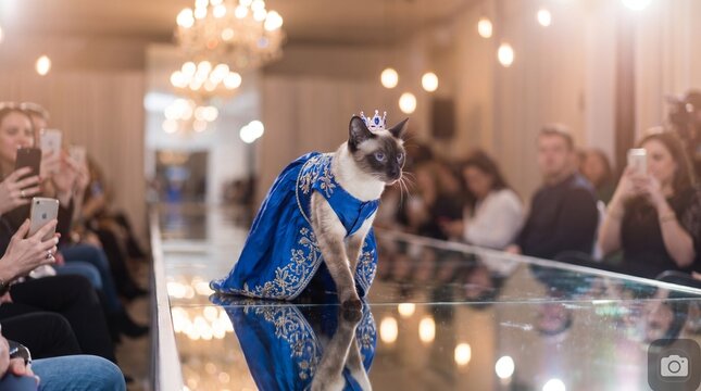 A Siamese cat wearing a blue formal dress and crown walks gracefully along a runway.