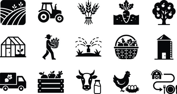Set of black farm and agriculture icons representing rural production processes