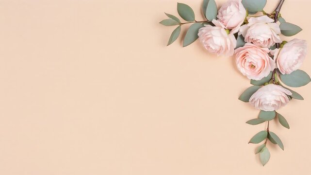 Romantic pink rose floral border for wedding, Mother's Day and spring, peach background copy space