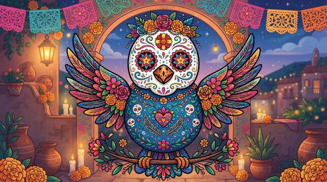 Day of the dead sugar skull owl with colorful floral patterns and papel picado